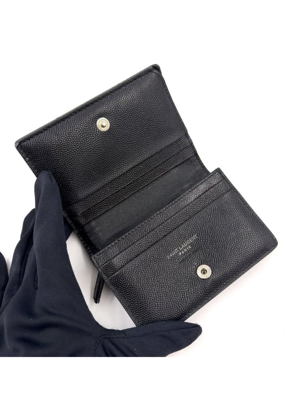 Saint Laurent Paris YSL Stitch Compact Fold Wallet Leather Black Silver - Picture 3 of 15
